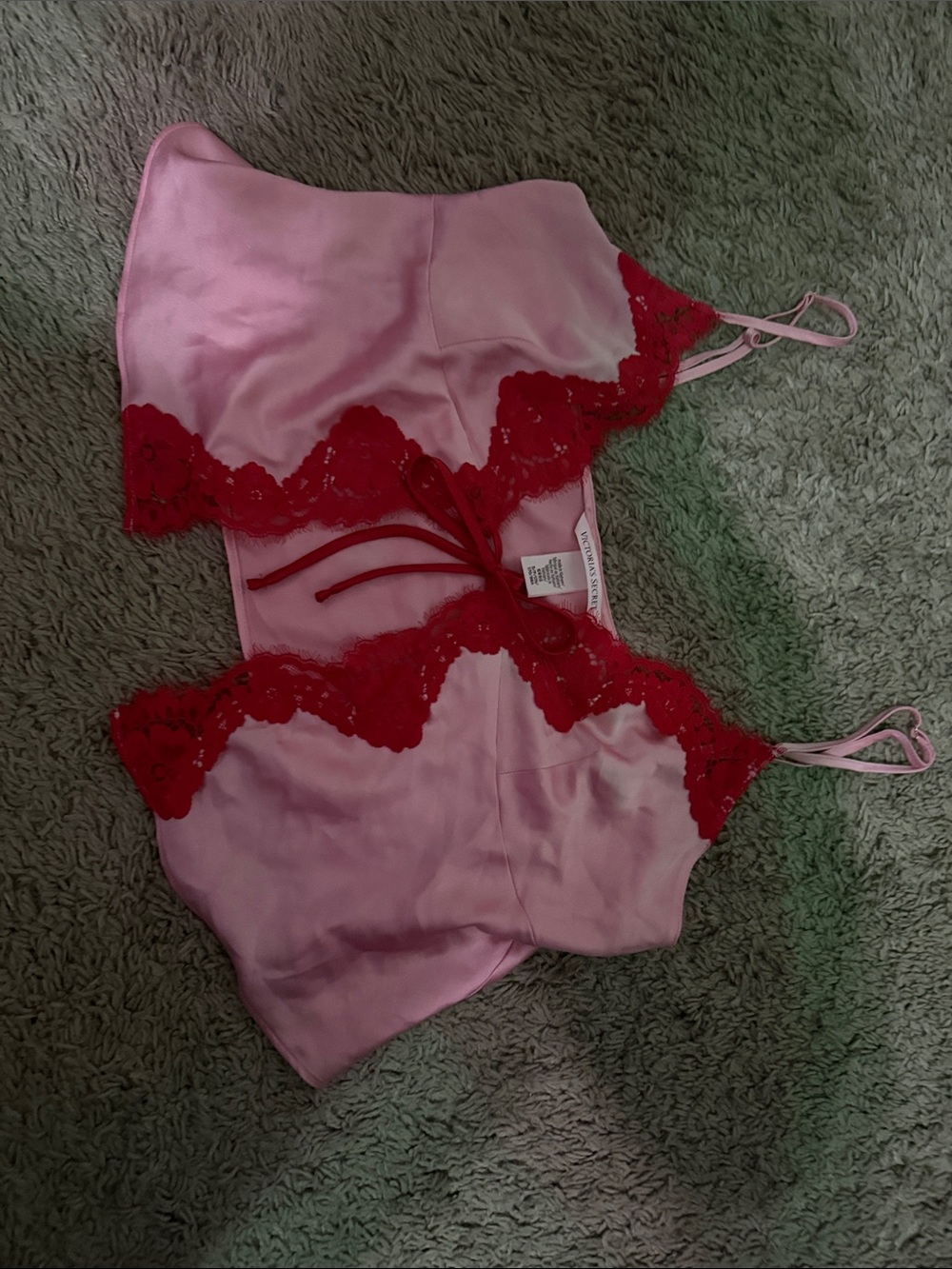 Satin Lace Trim Pink & Red Camisole Set - Picture 2 of 4